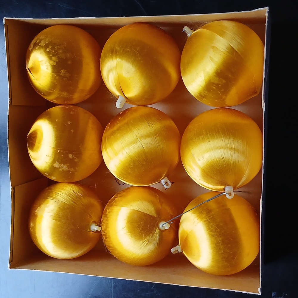2 Boxes of Vintage Alderbrook Satin Sheen Unbreakable Christmas Ornaments Gold